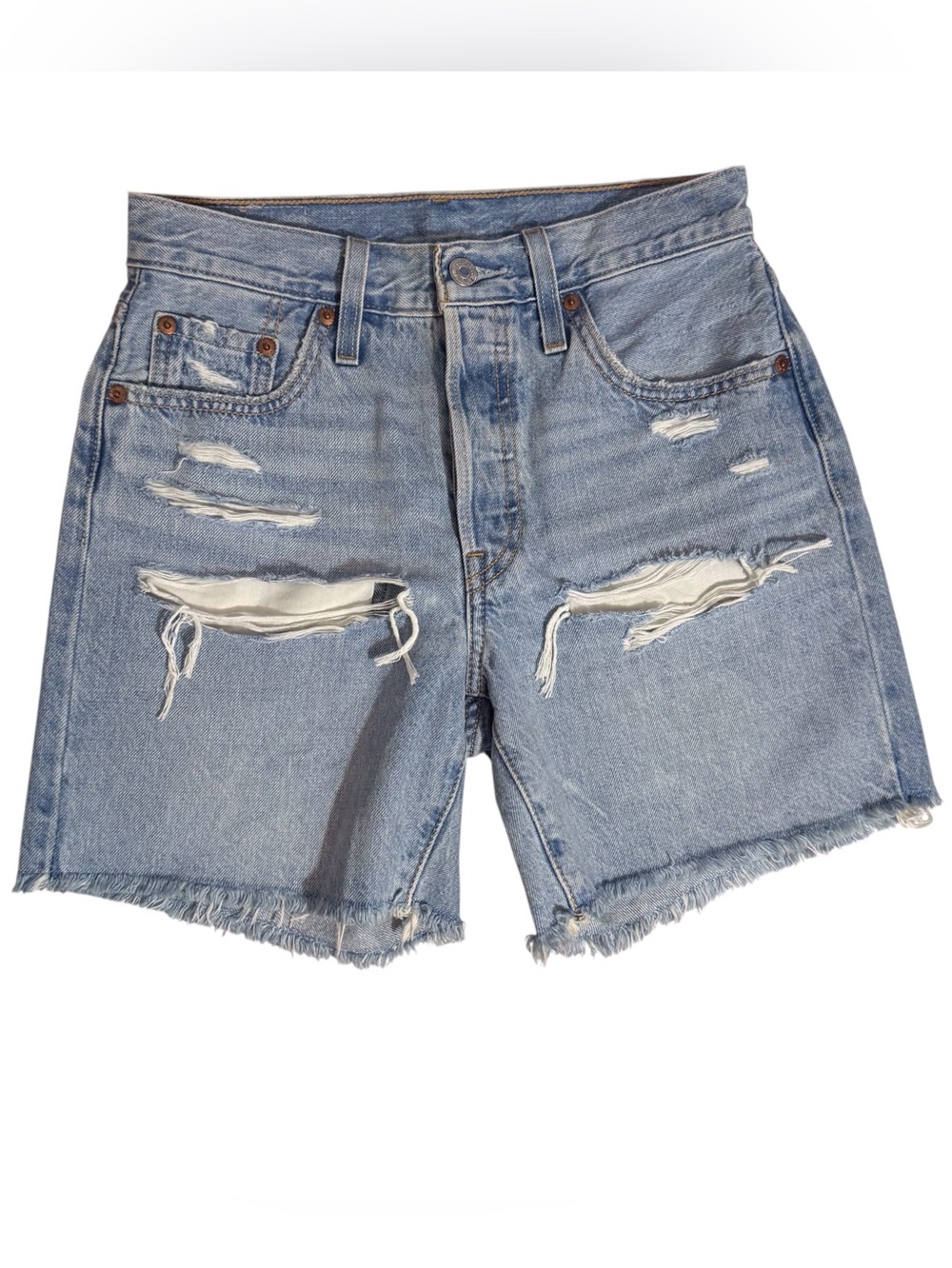 Levis Womens 501 Longline Cutoff Denim Shorts Size 25 Button Fly Jeans Boho